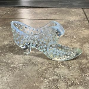 Vintage FENTON Hobnail Clear & White Art Glass Shoe Boot w/ Cat Head